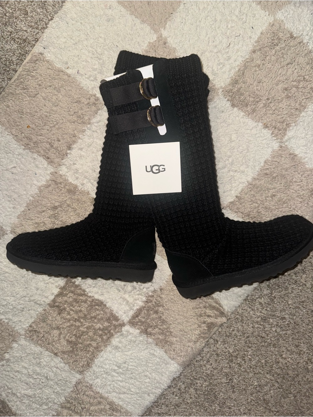 UGG Black Knit Tall Boots Size 7 Double Buckle Strap Winter Boots